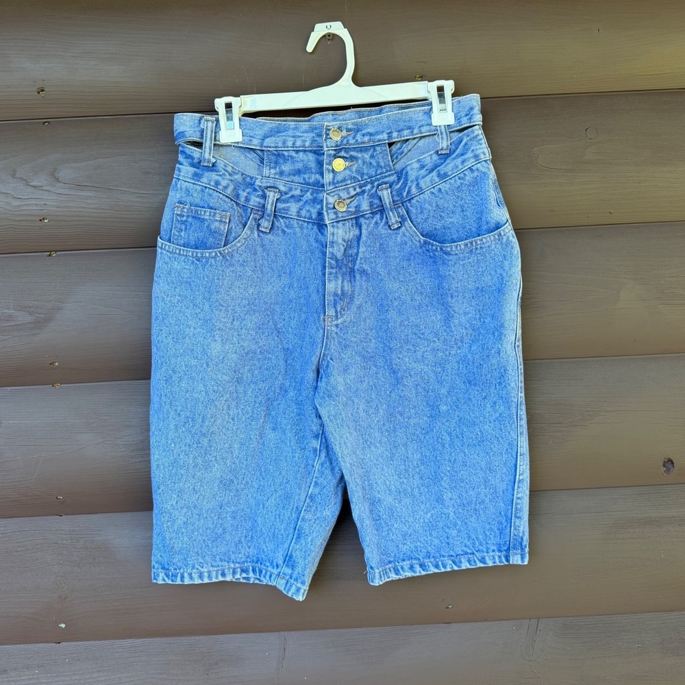 Vtg 80s 90s Nuovo Double Waistband Cutout Denim Shorts High Waist Jorts Sz 11